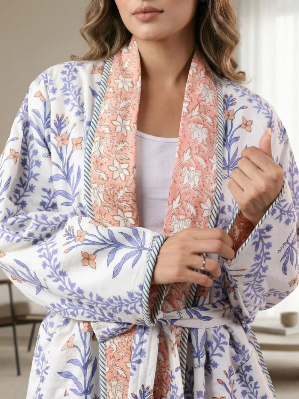 Reversible Cotton Kimono Robe, Hand Block Print Bathrobe, Floral Quilted for Her